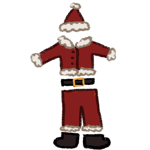 a drawing of santa’s outfit. There is a red pointy hat, a red coat and red pants. All of these have fluff around the their rims. There is also a black belt with a gold buckle and black boots.